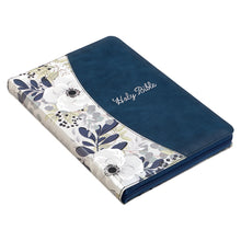 Load image into Gallery viewer, Blue Pearlized Floral Faux Leather Large Print Thinline KJV Bible with Zippered Closure and Thumb Index KJV177