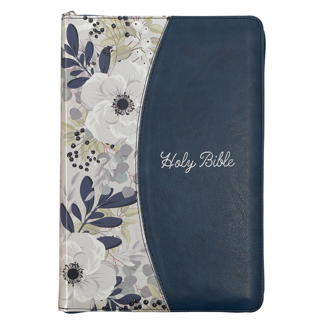 Blue Pearlized Floral Faux Leather Large Print Thinline KJV Bible with Zippered Closure and Thumb Index KJV177