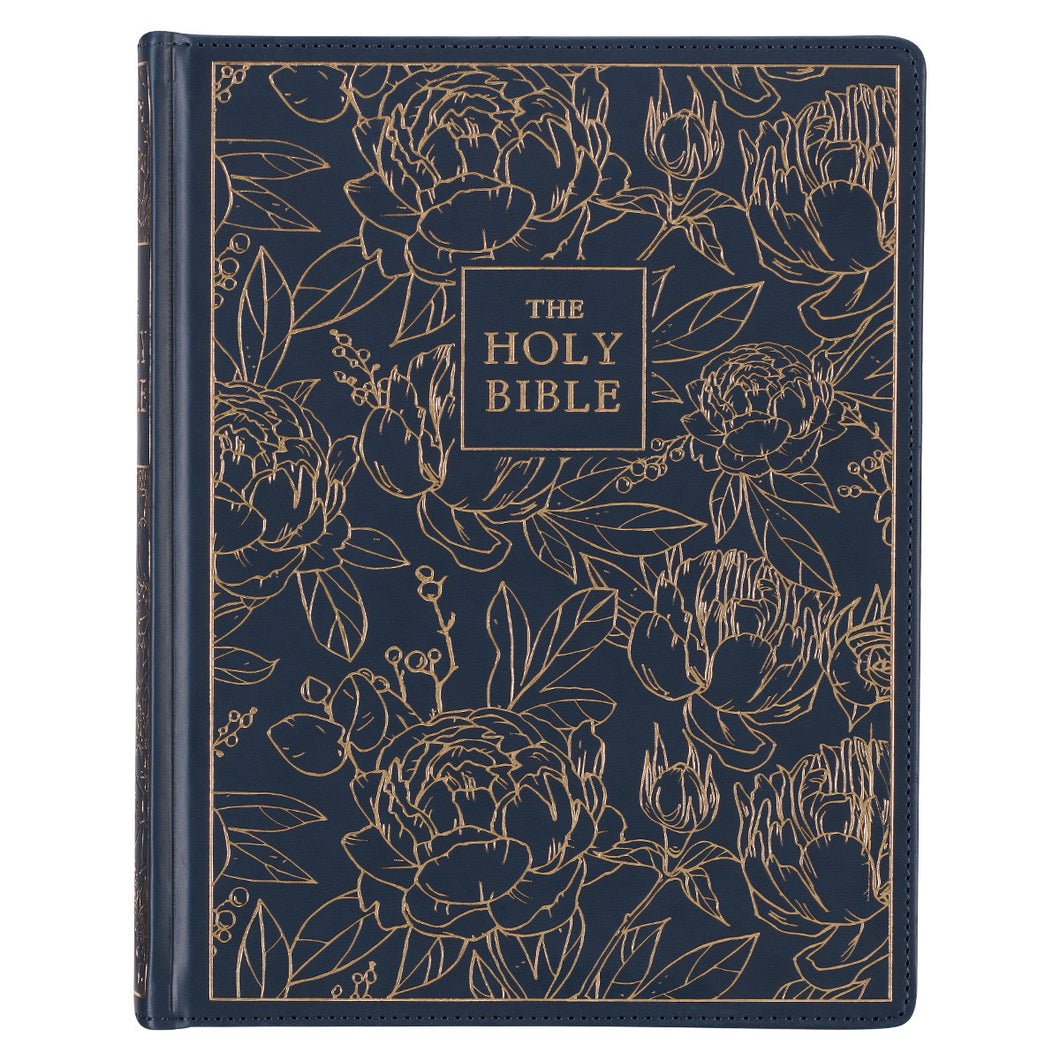 Navy Blue Floral Faux Leather Hardcover Large Print KJV Note-taking Bible - KJV191