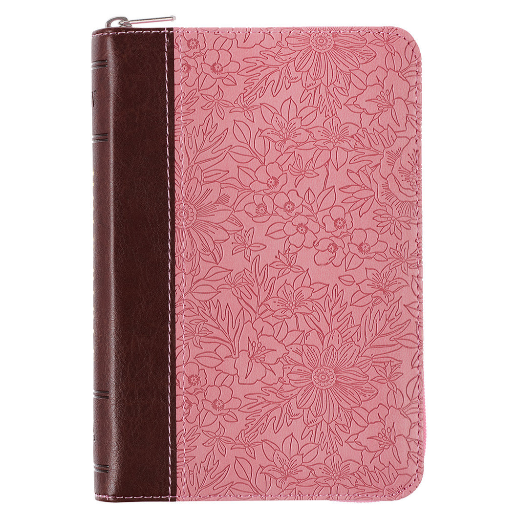 Pink and Saddle Tan Faux Leather Mini Pocket King James Version Bible with Zippered Closure - KJV170