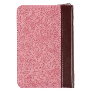 Pink and Saddle Tan Faux Leather Mini Pocket King James Version Bible with Zippered Closure - KJV170