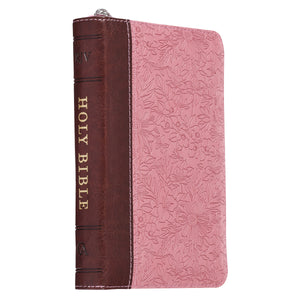 Pink and Saddle Tan Faux Leather Mini Pocket King James Version Bible with Zippered Closure - KJV170